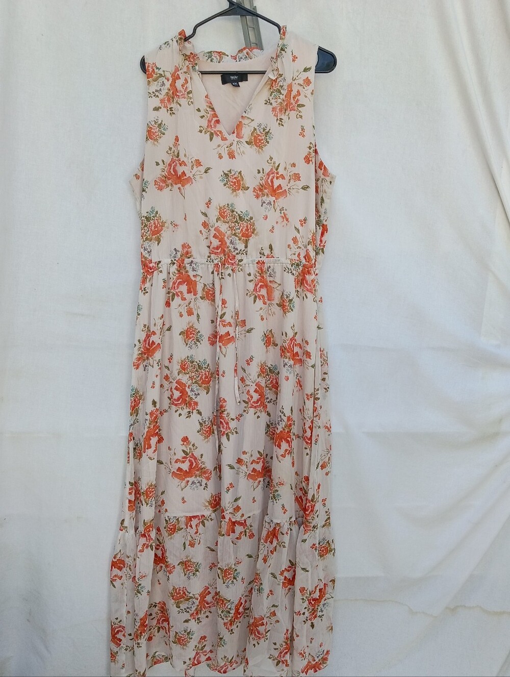 Mossino Sleeveless Cream Tiered Maxi Dress with Orange Floral Print Cottagecore